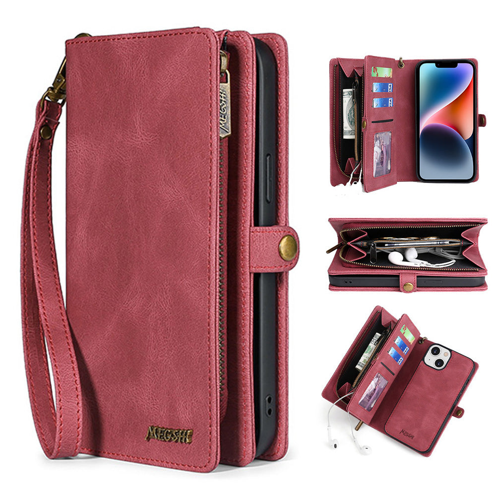 MEGSHI 017-serien til iPhone 14 Plus magnetisk absorptionslomme med lynlås aftageligt lædercover med praktisk rem MEGSHI 017-serien til iPhone 14 Plus magnetisk absorptionslomme med lynlås aftageligt lædercover med praktisk rem